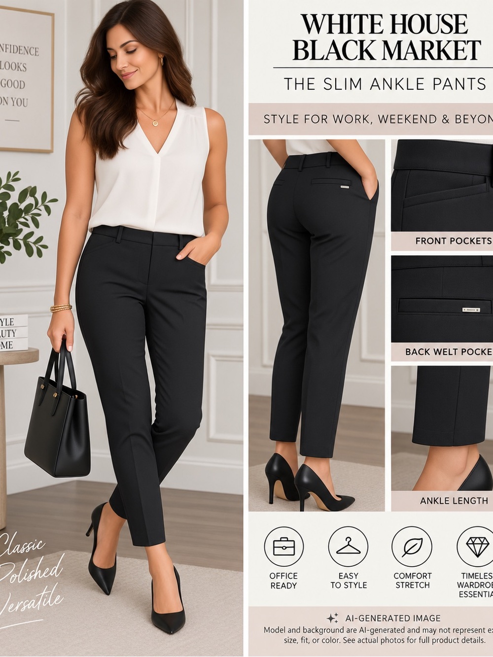 White House Black Market The Slim Ankle Pants Size 8 Black Stretch WHBM